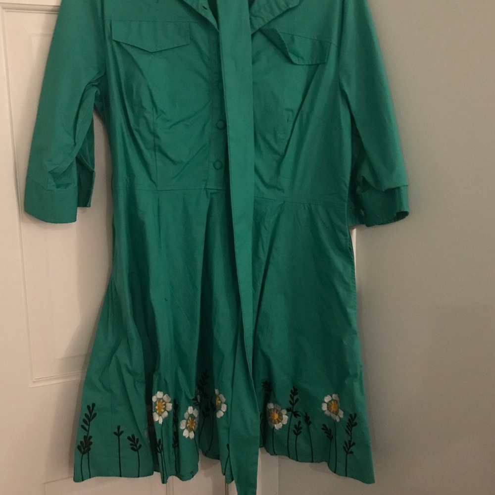 Green belted shirt dress with daisy border.